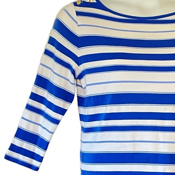 Lauren Ralph Lauren Sailor Tee has Boat Neck Gold Tone Buttons Blue White Stripe - Picture 3 of 10